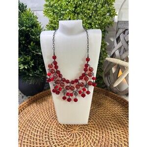 Necklace‎ of Gun Metal Silver Chain with  Red Beads, Statement Necklace